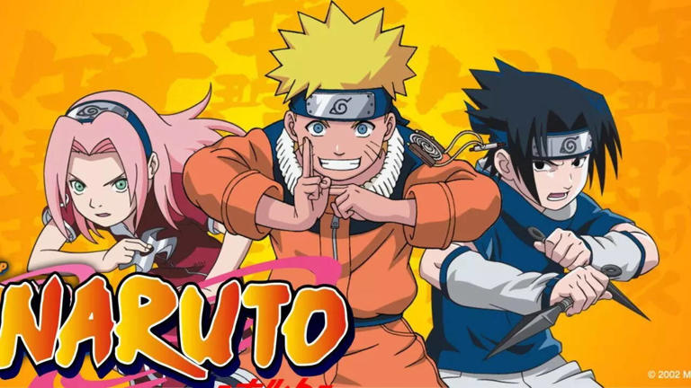 Imagem com os personagens Sakura, Naruto e Sasuke e o logotipo Naruto
